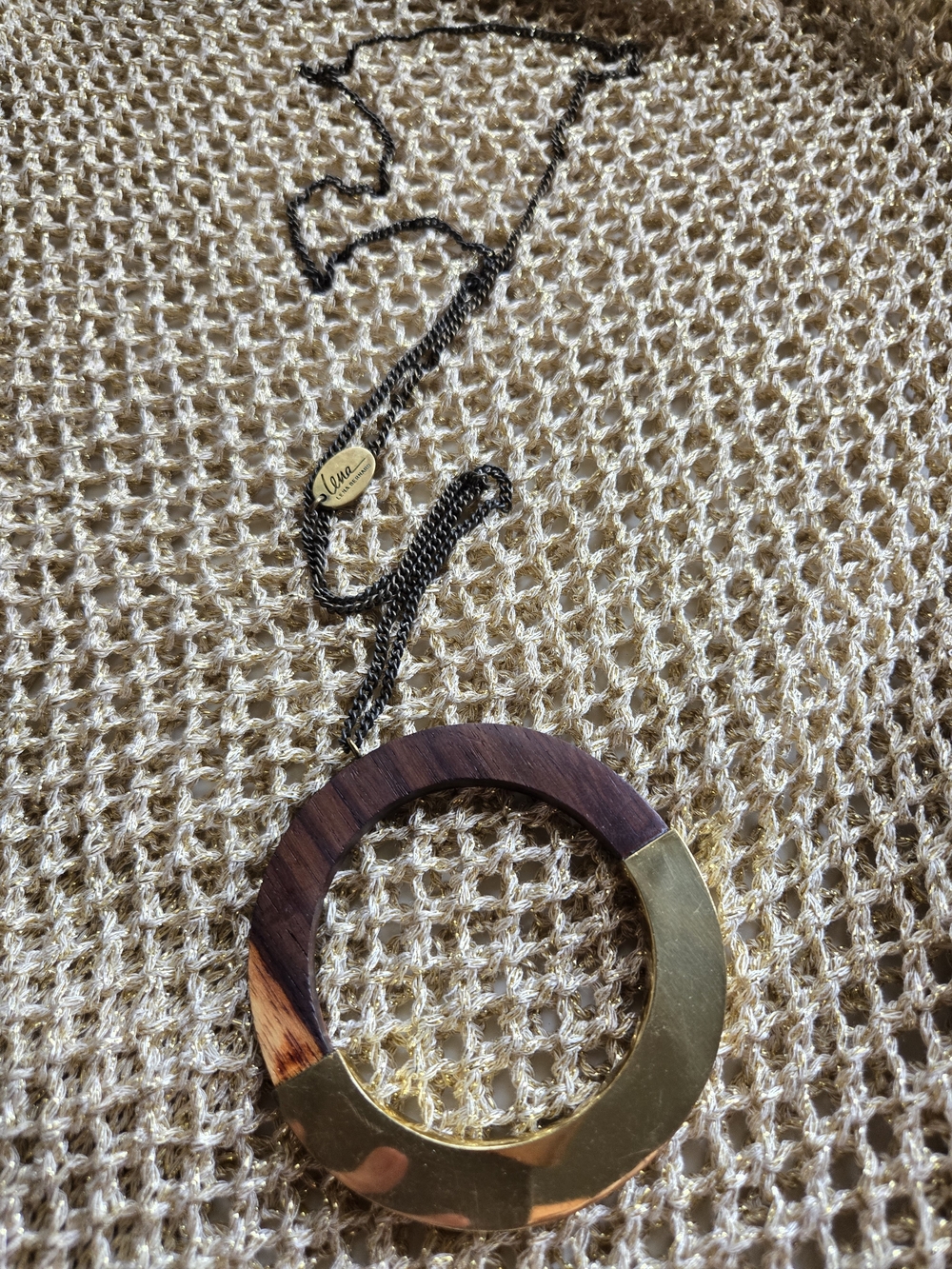 Circular Wood and Gold Pendant Necklace - Brown & Gold